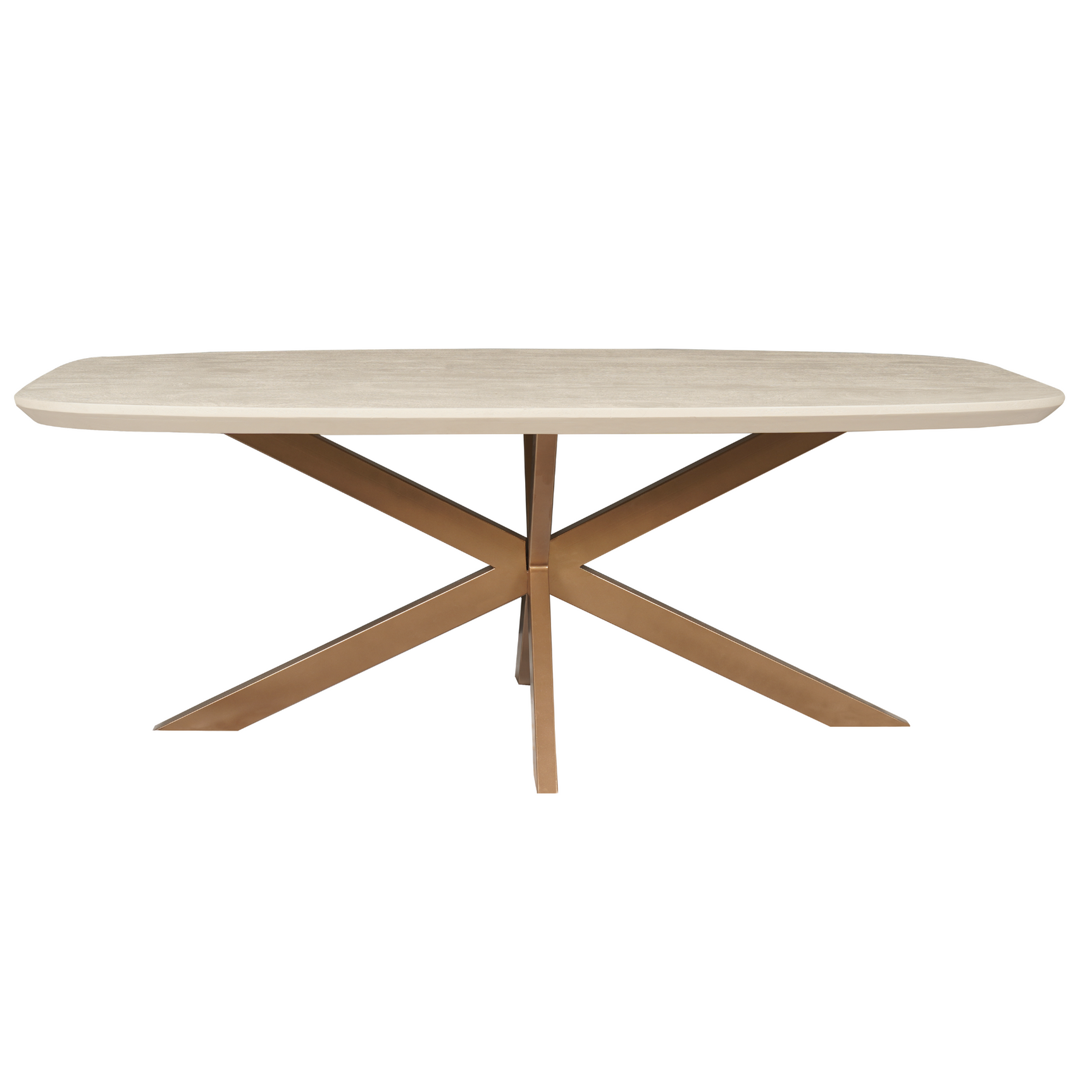 Eettafel met ovale zandkleurig tafelblad en houten X-vormige pootconstructie.