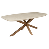 Ovale eettafel met zandkleurig blad en X-vormig houten onderstel