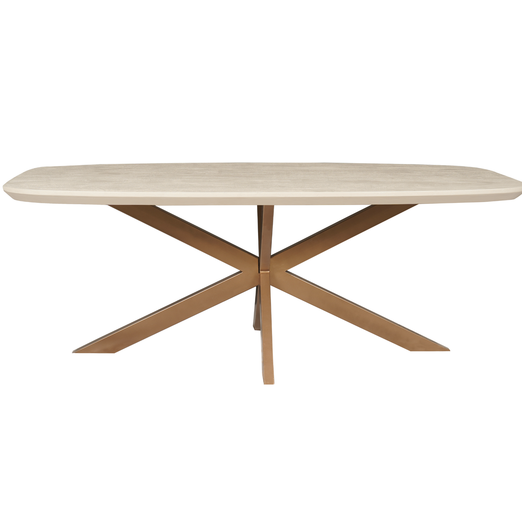 Ovale eettafel met zandkleurig blad en centrale poot met uitwaaierende poten