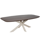 Ovale eettafel met donker houten blad en lichte houten kruispoot