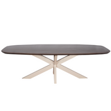 Ovale eettafel met donker houten blad en centrale poot met uitwaaierende poten