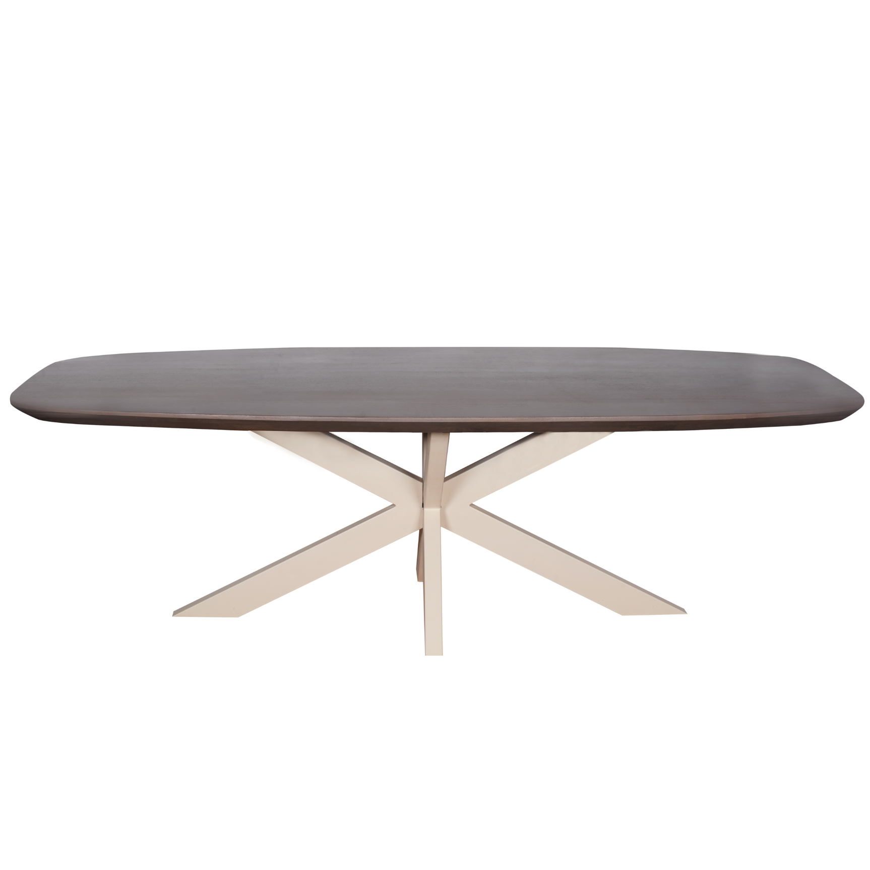 Ovale eettafel met donker houten blad en centrale poot met uitwaaierende poten