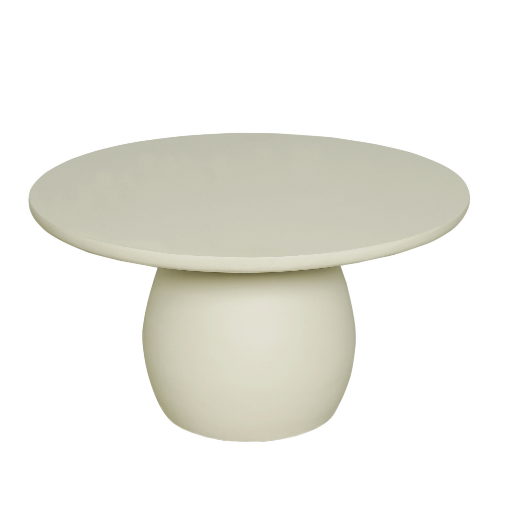 Crème salontafel met rond blad en bolvormige poot in centraal onderstel