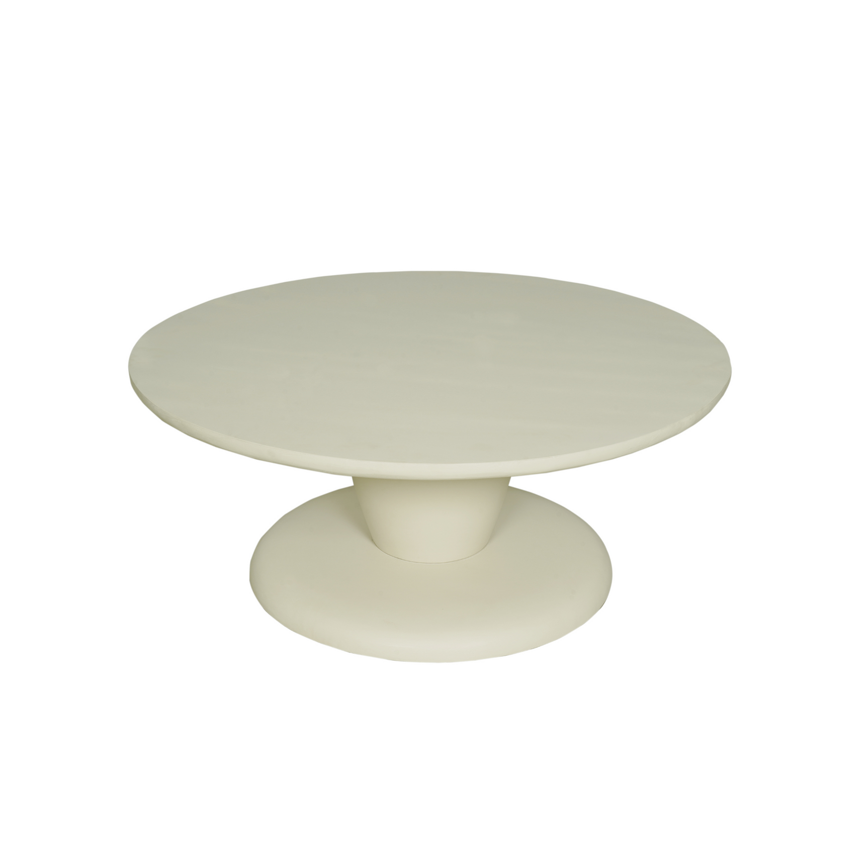 Crème salontafel met rond blad en brede schijfvormige voet