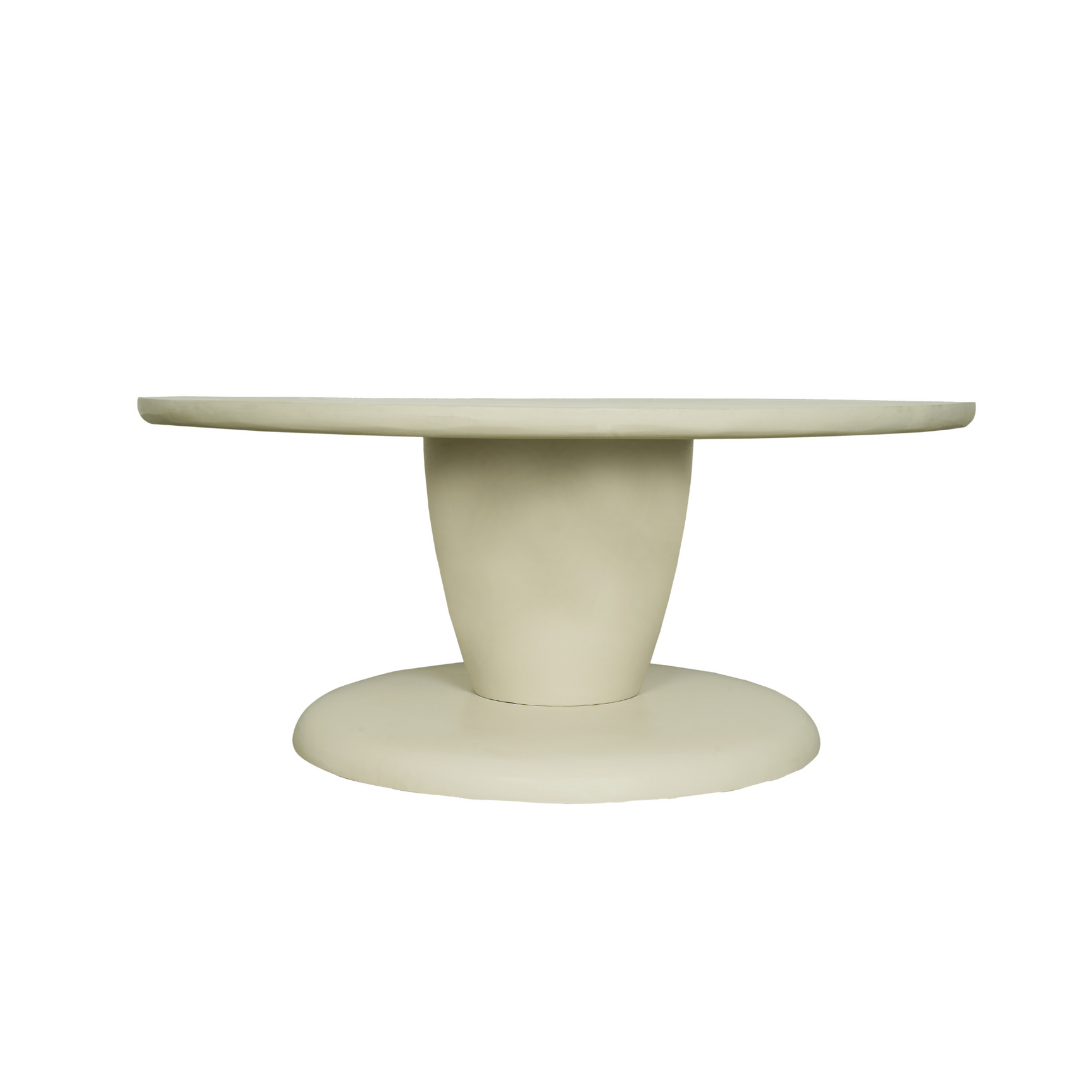 Ronde salontafel met lichtkleurig blad en glad onderstel op voet