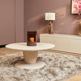 Ronde salontafel met lichtkleurig blad en centrale poot