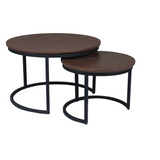 Ronde salontafel set van 2 met walnoot-eiken blad en zwart metalen onderstel