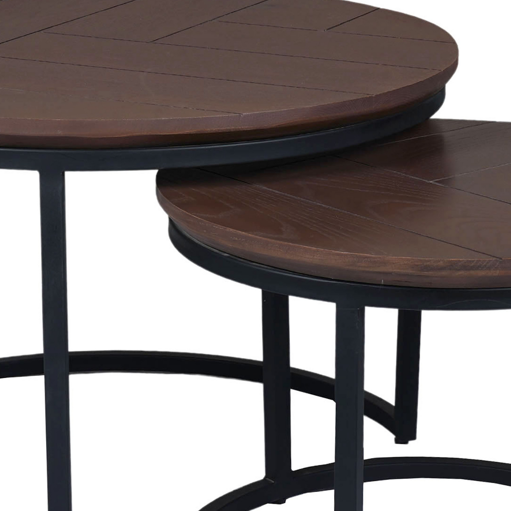 Ronde salontafel set van 2 met donkerhouten blad en zwart metalen frame