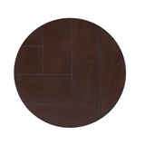 Rond houten tafelblad in donkerbruin met vier houtpanelen en houtnerf