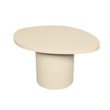 Zandkleurige ronde salontafel met ovaal rond blad en cilindrische poot