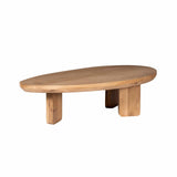 Ovale salontafel van natuur eiken met langwerpig rond blad en twee brede houten poten