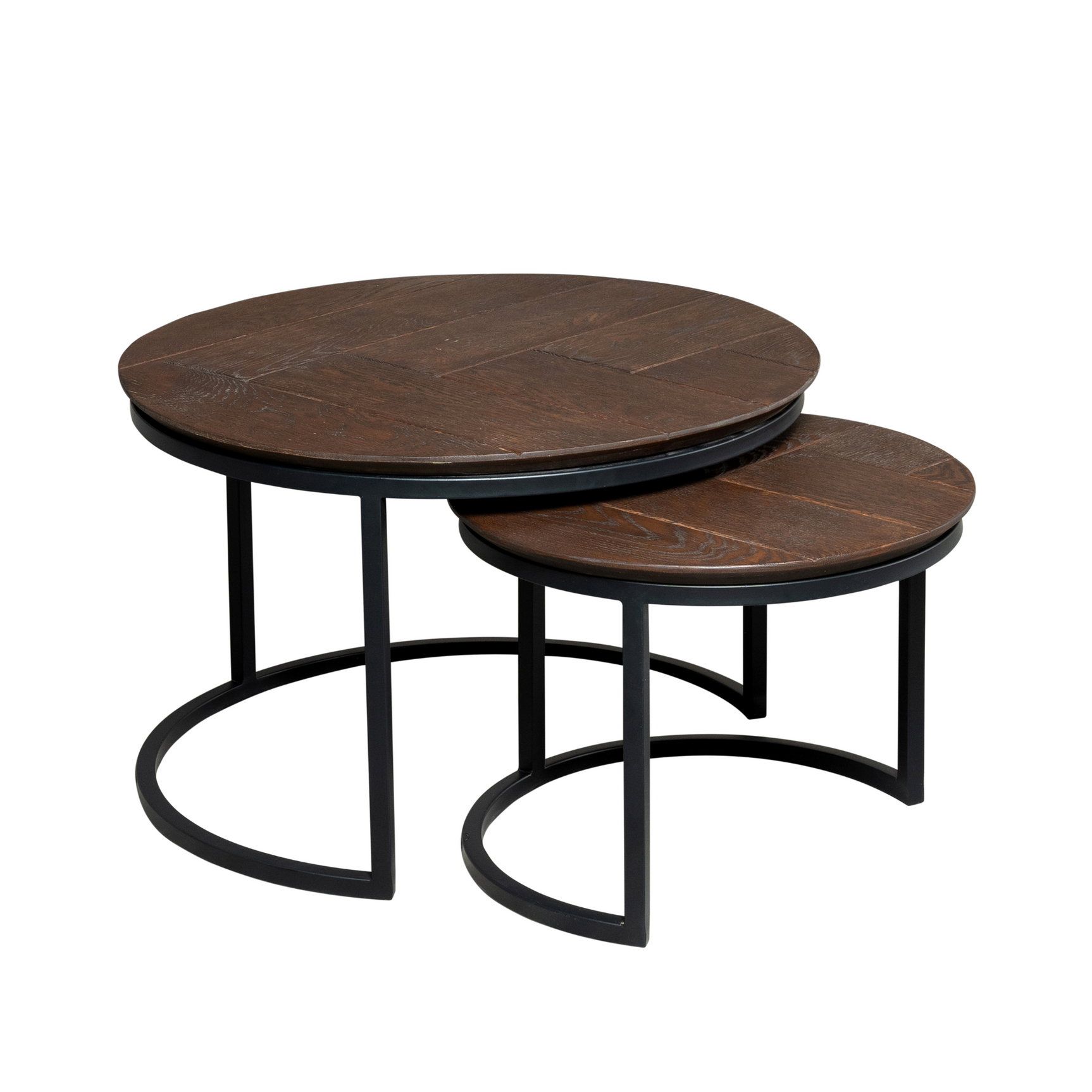 Ronde salontafelset bruin eiken met zwart metalen frame, 2-delig
