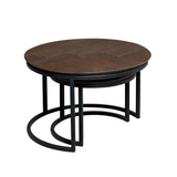 Set ronde salontafels met bruin eikenhouten bladen en zwart metalen onderstel