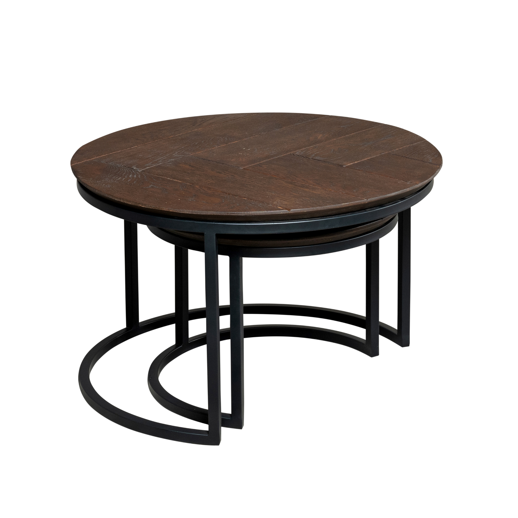 Set ronde salontafels met bruin eikenhouten bladen en zwart metalen onderstel