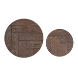 Detail bruin eikenhoutnerf op rond tafelblad en kleiner bijzetblad