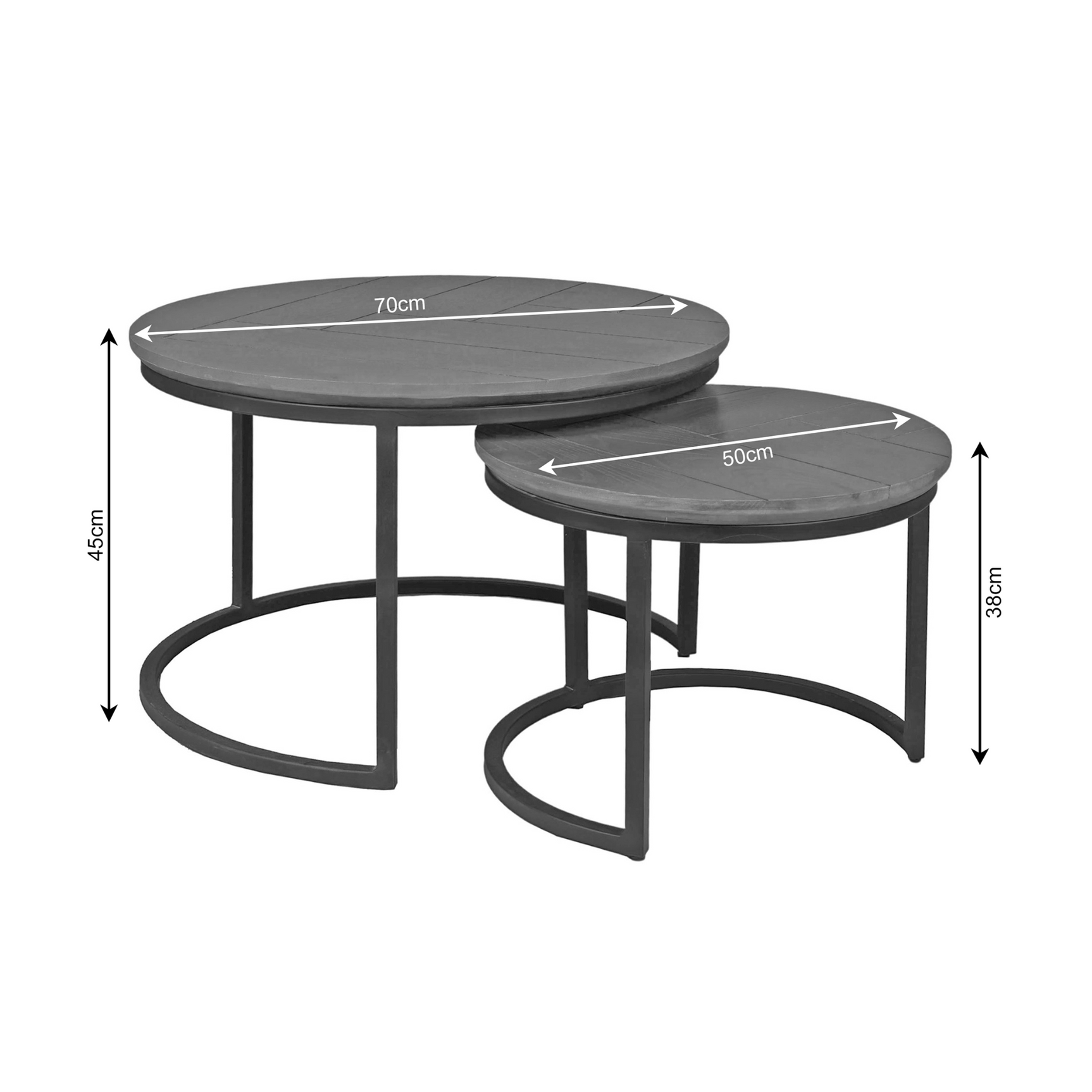 Ronde salontafelset met afmetingen: 70 cm en 50 cm, bruin eiken, zwart frame