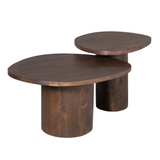Set van 2 ronde salontafels met bruin houten blad en cilindrische poot.