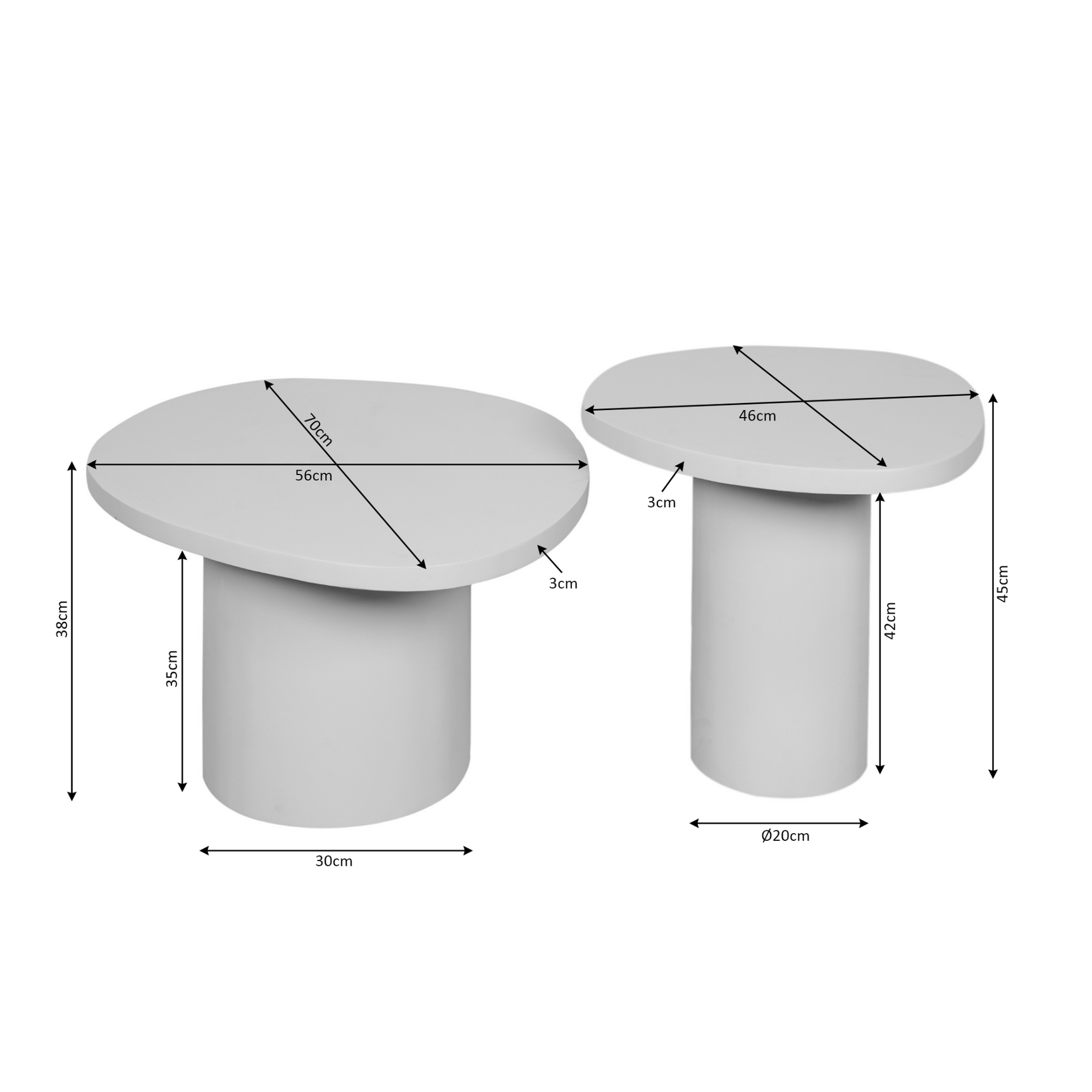 Set van 2 ronde salontafels, wit blad en cilindrische onderstellen, met afmetingen.