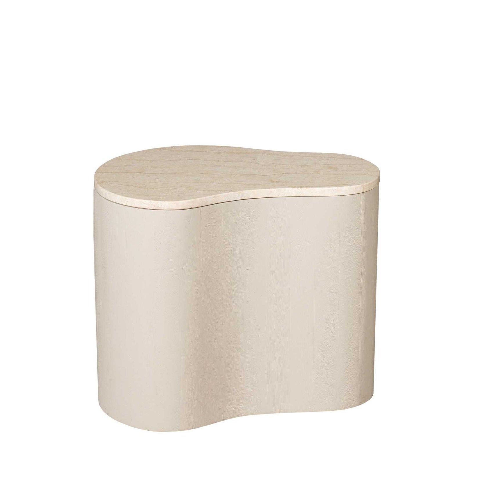 Zandkleurige salontafel met rond bovenblad en cilindrische basis