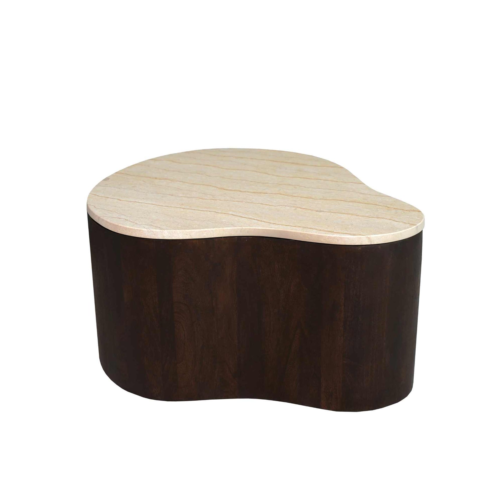 Ronde houten salontafel met licht blad en donkerbruine zijkanten, afgeronde hoeken