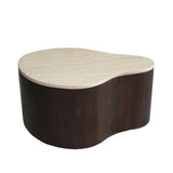 Houten salontafel met licht houten blad en donkerbruine massieve vorm, ronde rand