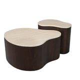 Set van 2 houten salontafels met licht houten blad en donkerbruine afgeronde voet