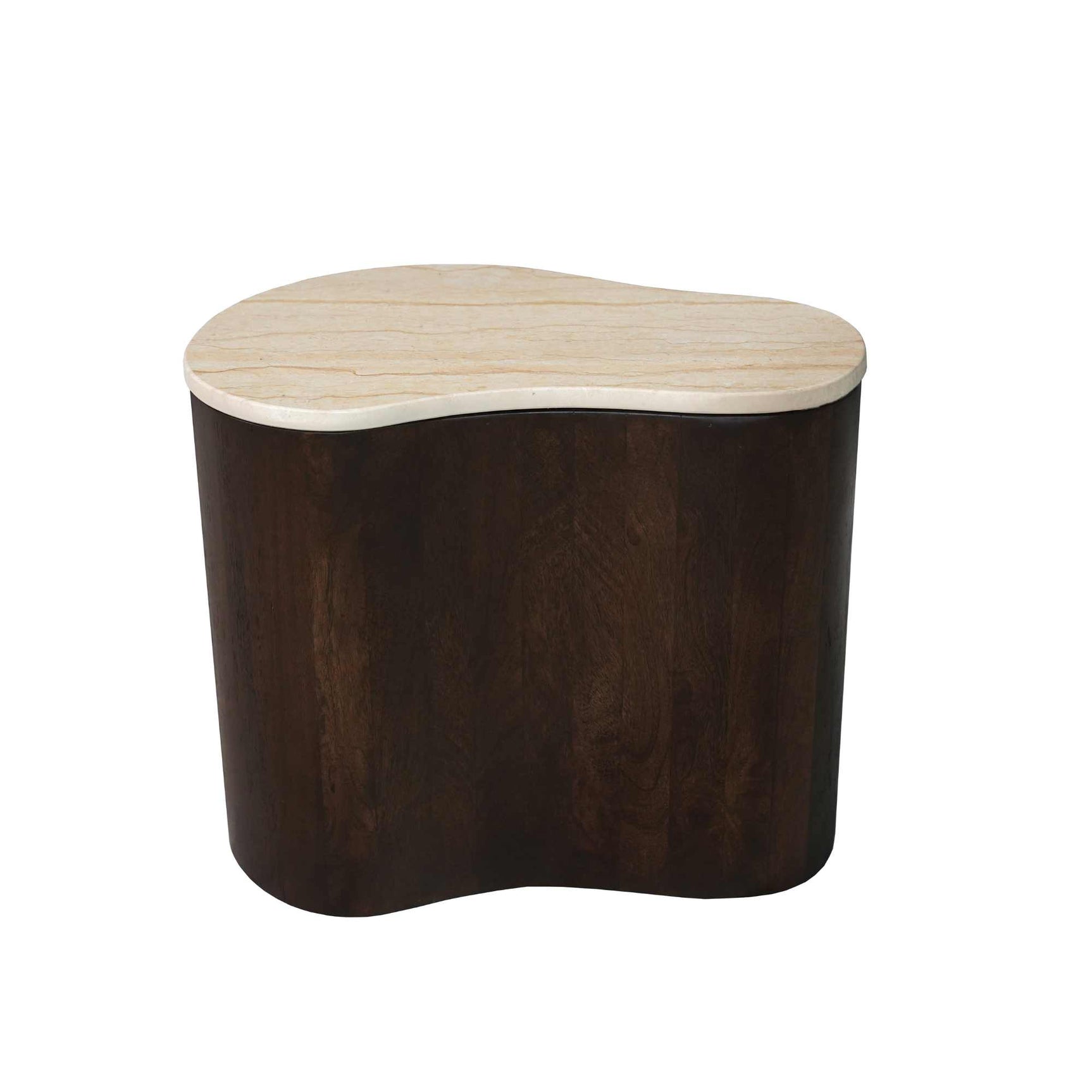 Bruine salontafel met licht houten rond blad en donkerhouten zijwanden