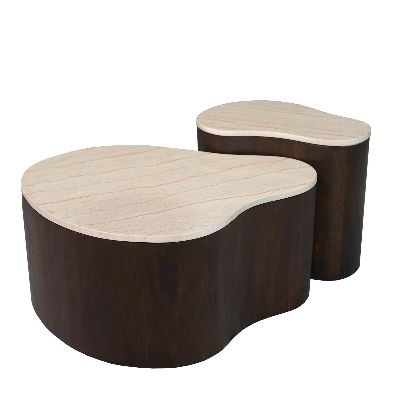 Set van twee bruine salontafels met licht houten bladen en afgeronde vormen
