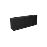 Zwart dressoir frontaanzicht met vier paneelsecties en glad bovenblad.