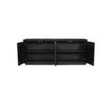 Zwart dressoir met beide deuren open, binnenvakken en scharnieren zichtbaar.