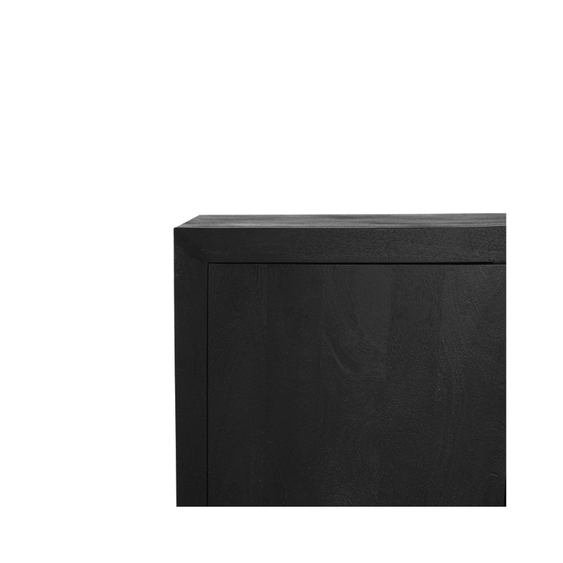 Zwart dressoir hoekkant close-up met houtnerf en strakke randen.
