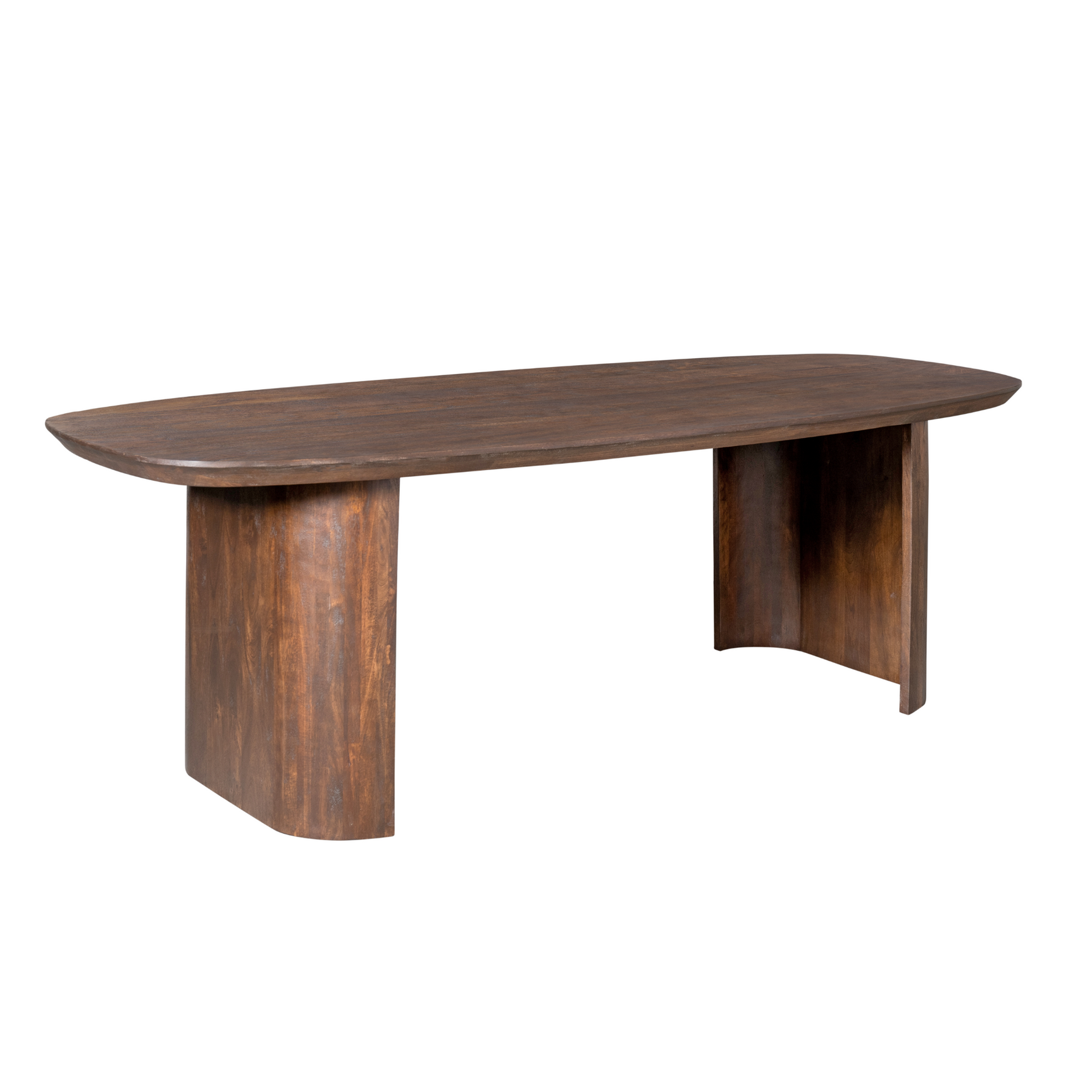 Bruine houten eettafel met afgeronde hoeken en massieve, taps toelopende poten.