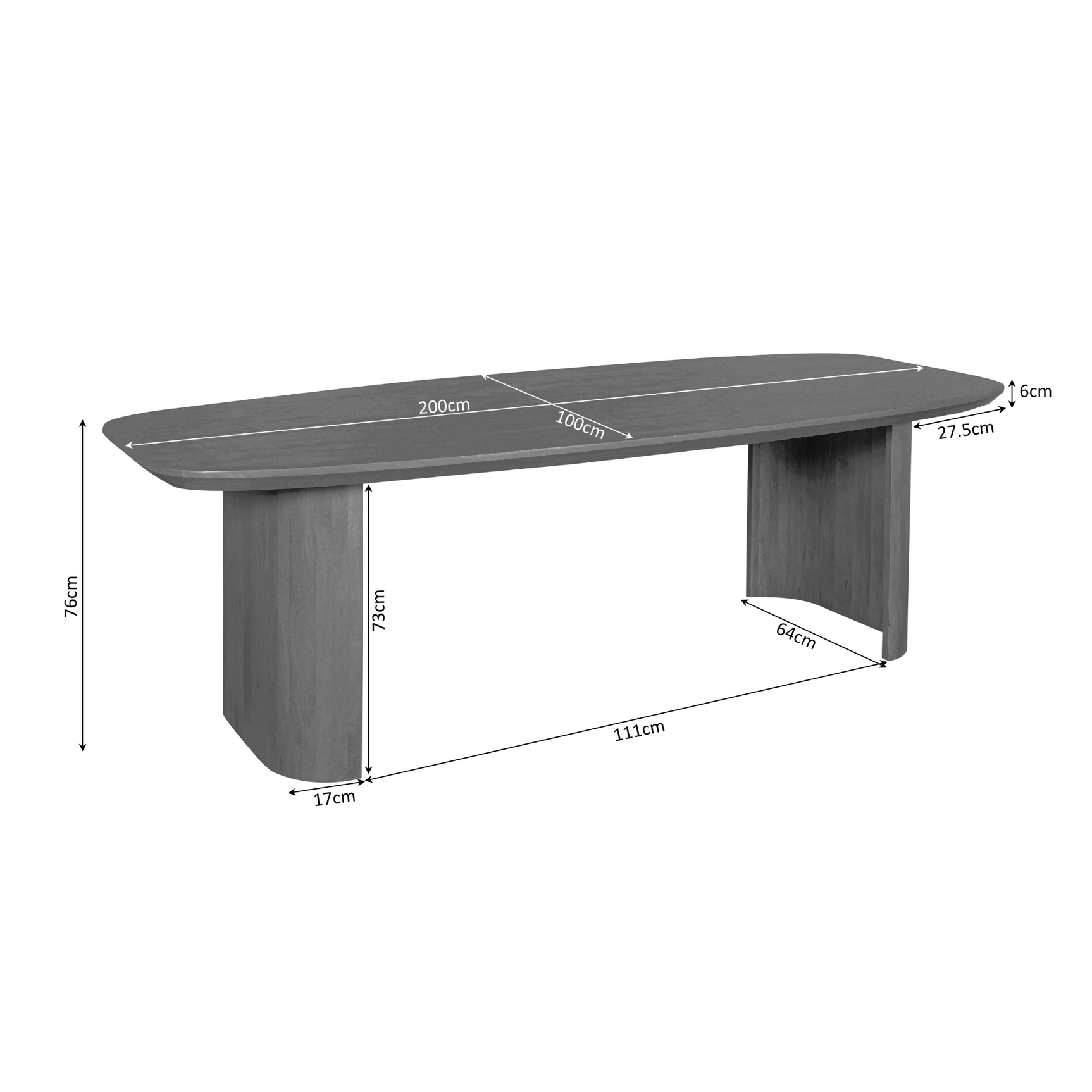 Bruine eettafel met 200×100 cm blad; hoogte 75 cm, breedte 111 cm.