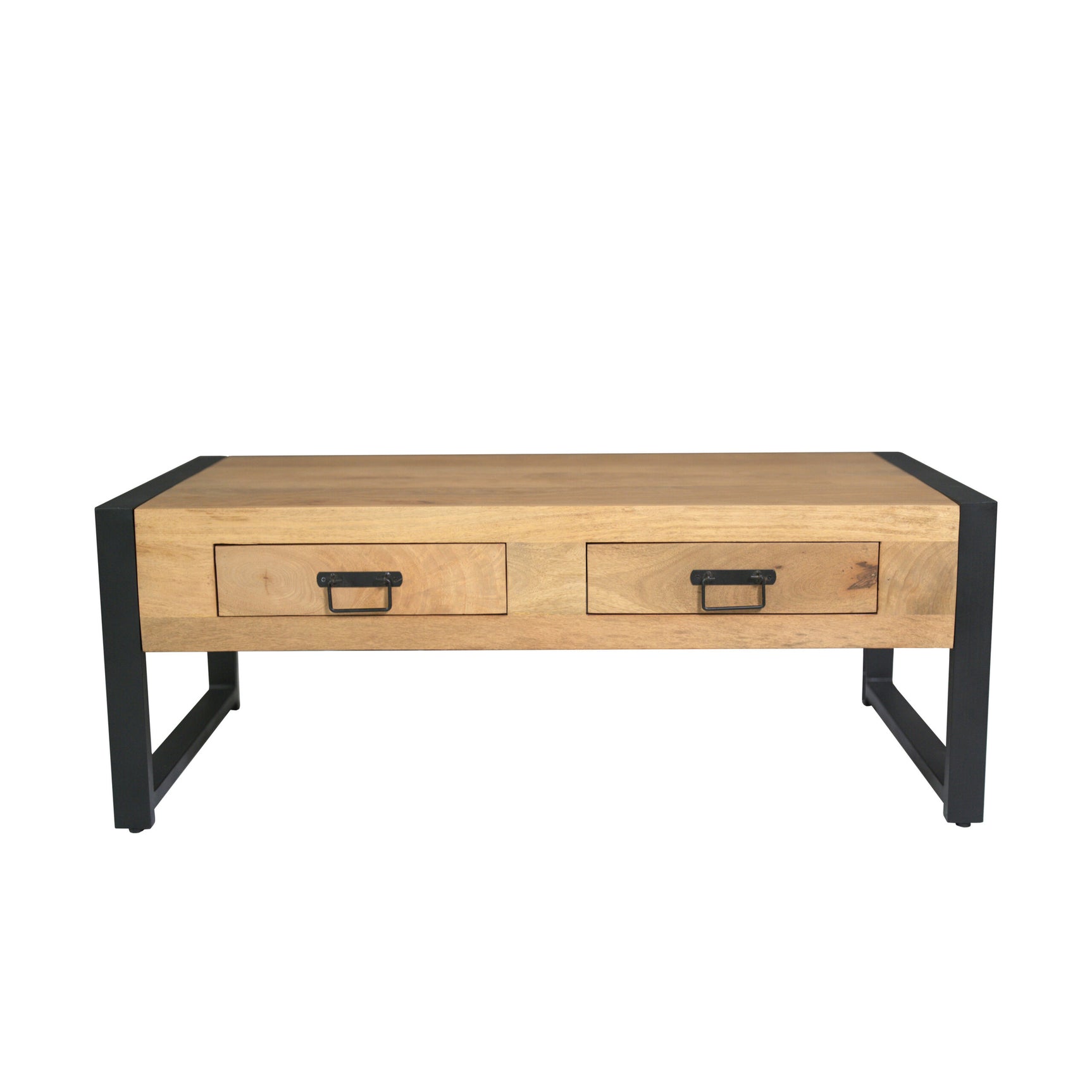 Salontafel met twee lades, licht hout en zwarte metalen poten.