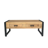 Salontafel met twee lades en zwart onderstel, licht houtkleurig blad.