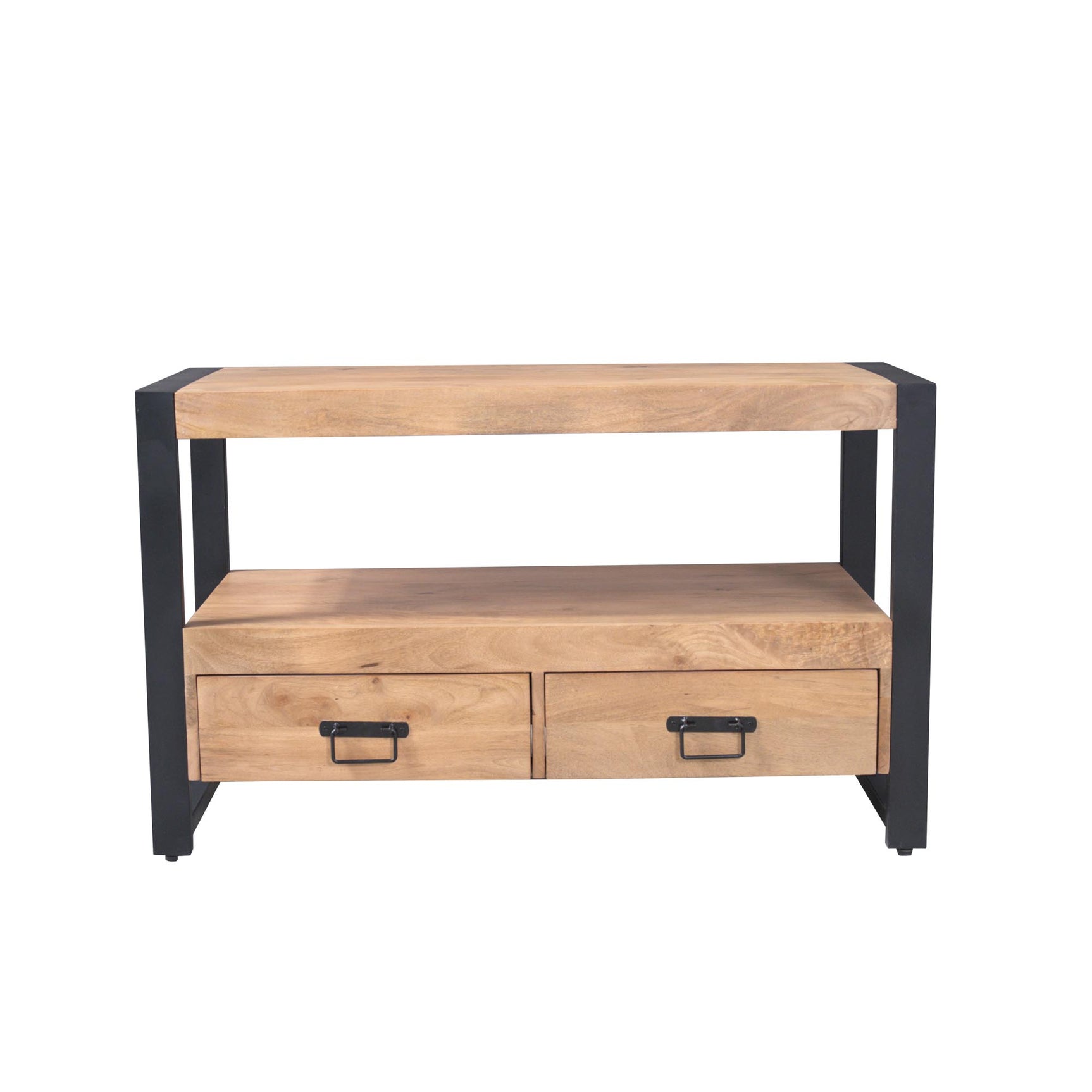 Tv-meubel met open vak en twee laden, zwart frame en licht hout blad