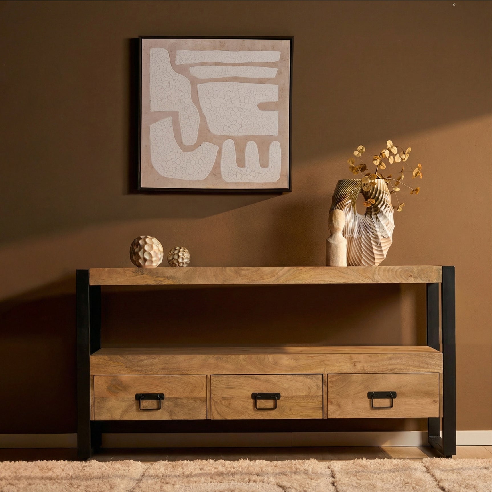 Tv-meubel Britt 150 cm met eikenlook blad, open middenplank en drie lades