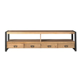 TV-meubel met lichtbruin blad, zwart frame en 4 laden met metalen greepjes.