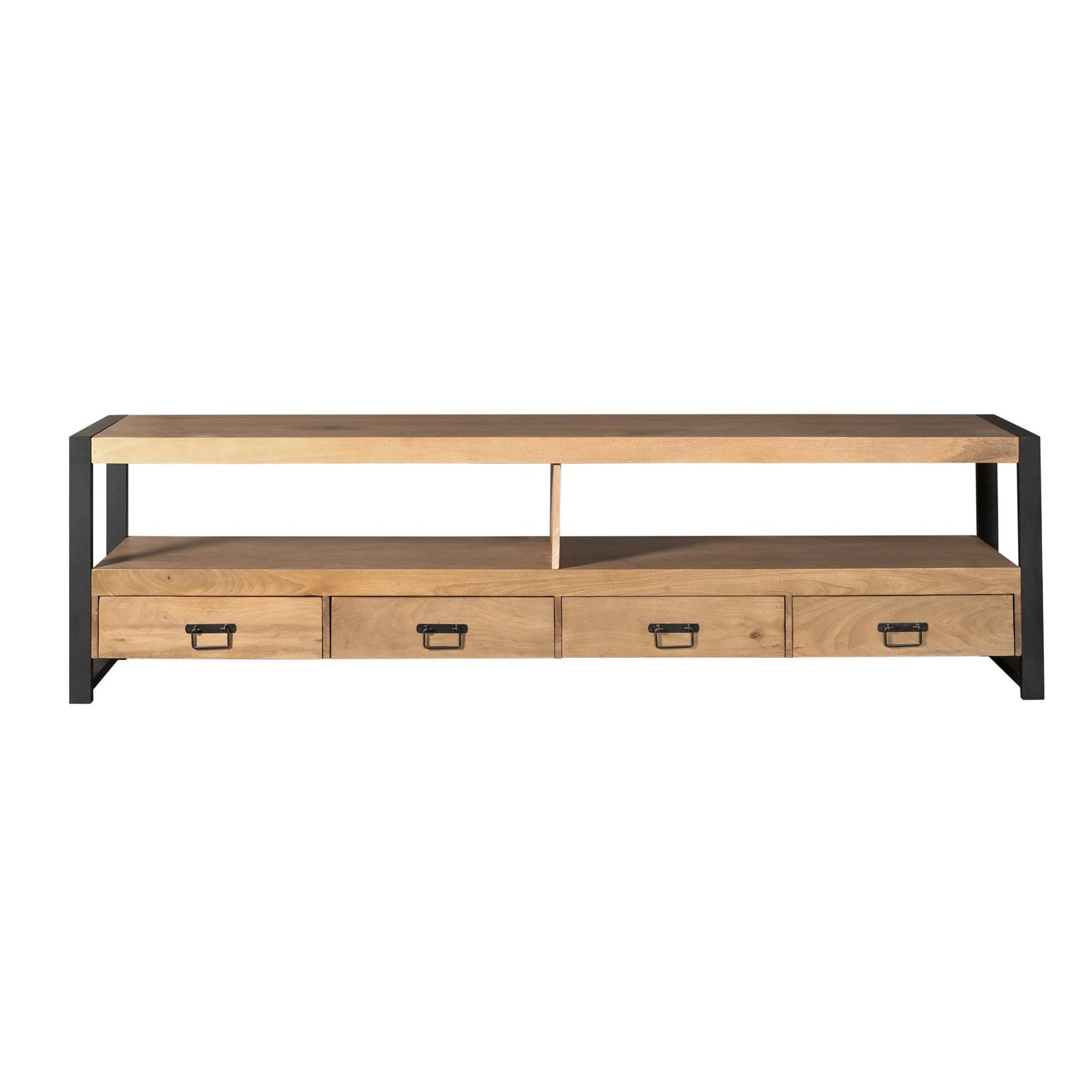 TV-meubel met lichtbruin blad, zwart frame en 4 laden met metalen greepjes.