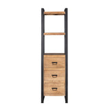 Boekenkast met 3 lades en 2 open planken, zwart frame en houtkleurige panelen.