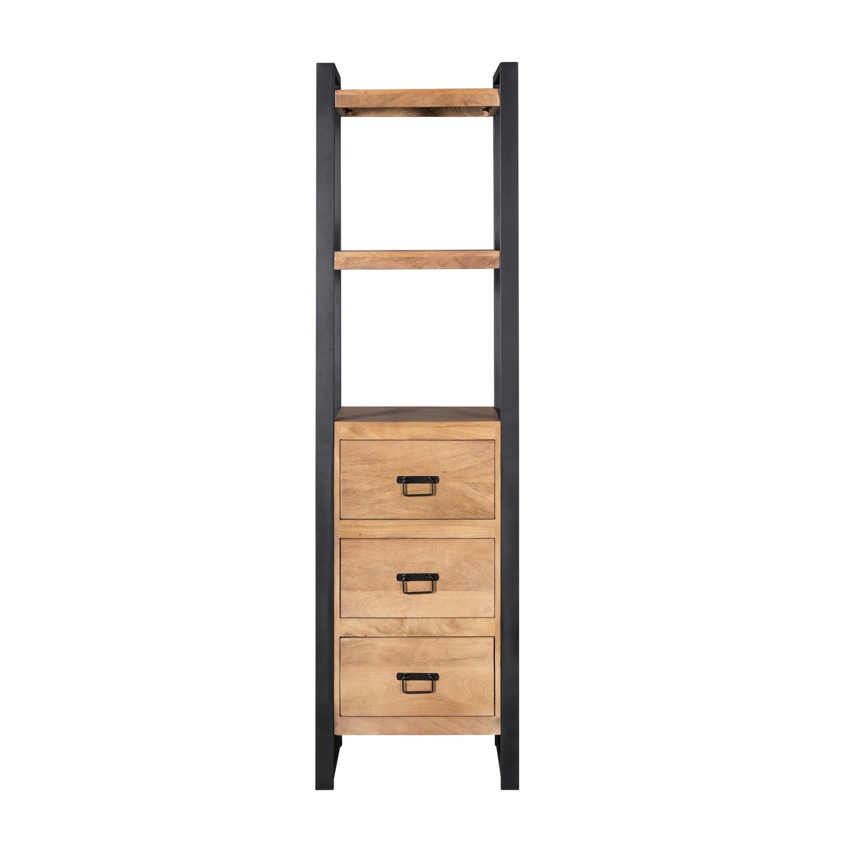 Boekenkast met 3 lades en 2 open planken, houtkleurige lades en zwart frame.