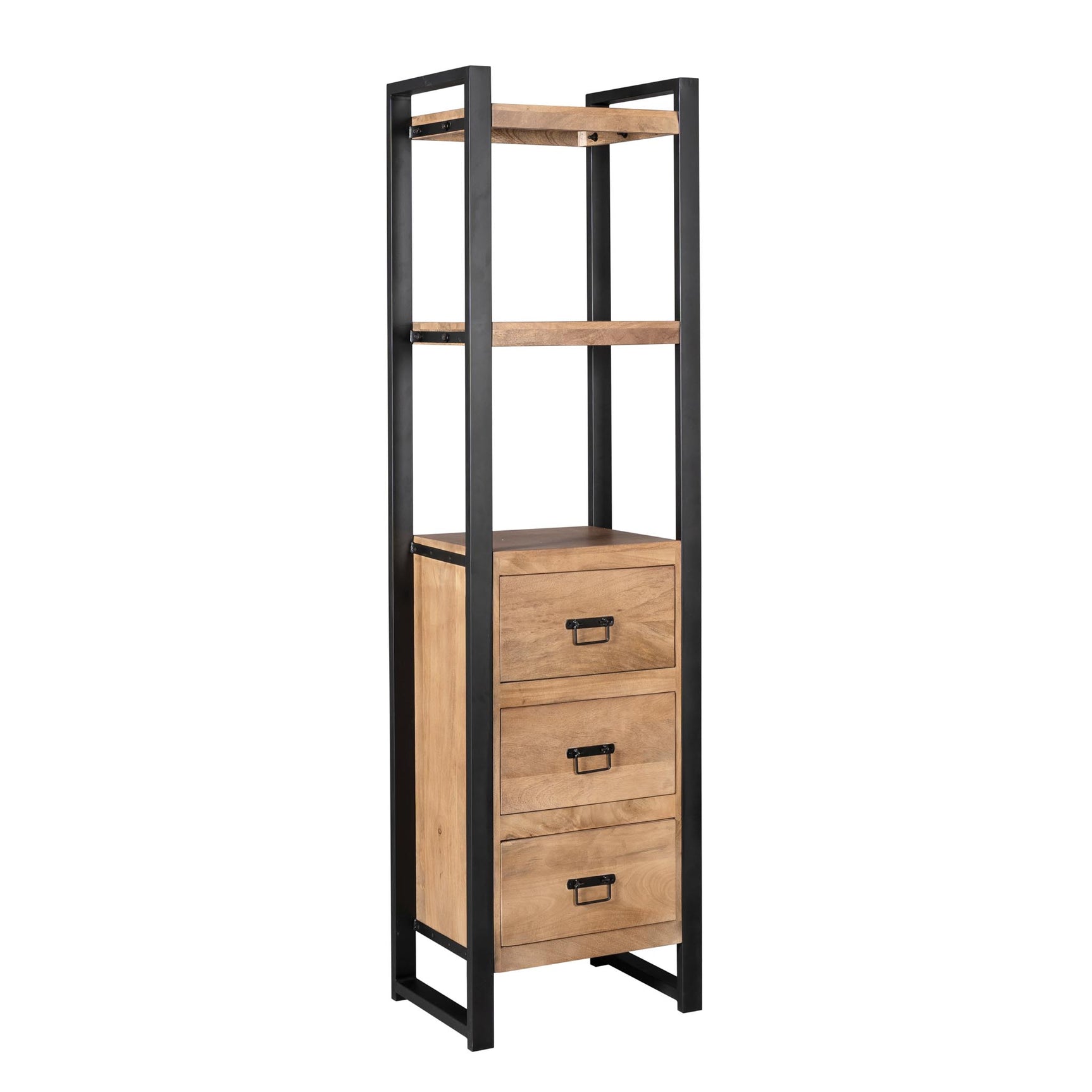 Boekenkast met open planken en 3 lades, zwart frame met houtkleurige kastbehuizing.