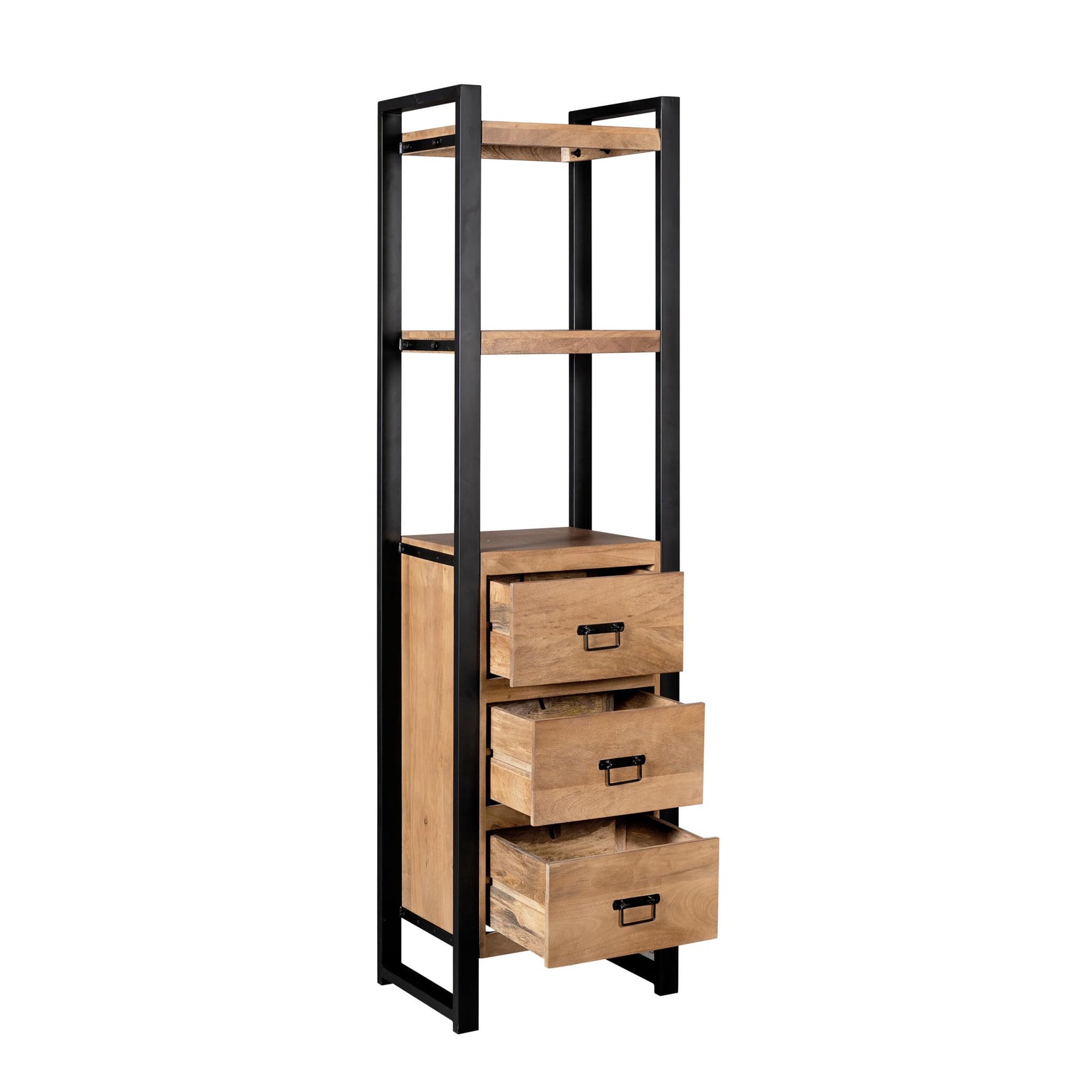 Boekenkast met 3 lades en open planken, houtkleurige lades met zwarte handgrepen.