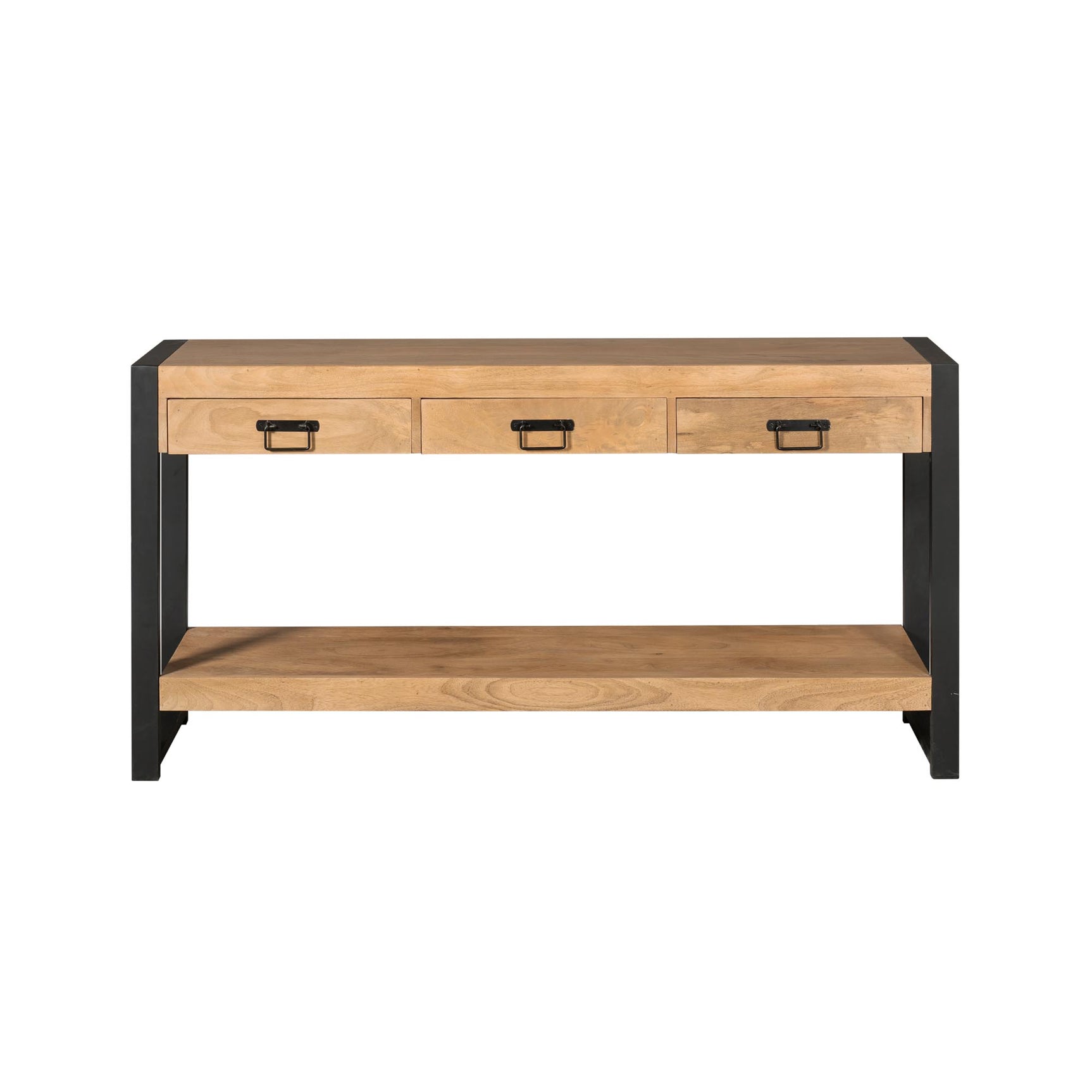 Bijzettafel met drie lades en onderste plank, licht hout met zwarte poten