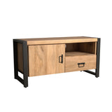 Tv-meubel met open vak en lade, deur links, houtnerf met zwarte metalen poten.