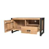 Tv-meubel met geopende deur, open compartiment en lade, houtkleurig met zwarte poten.