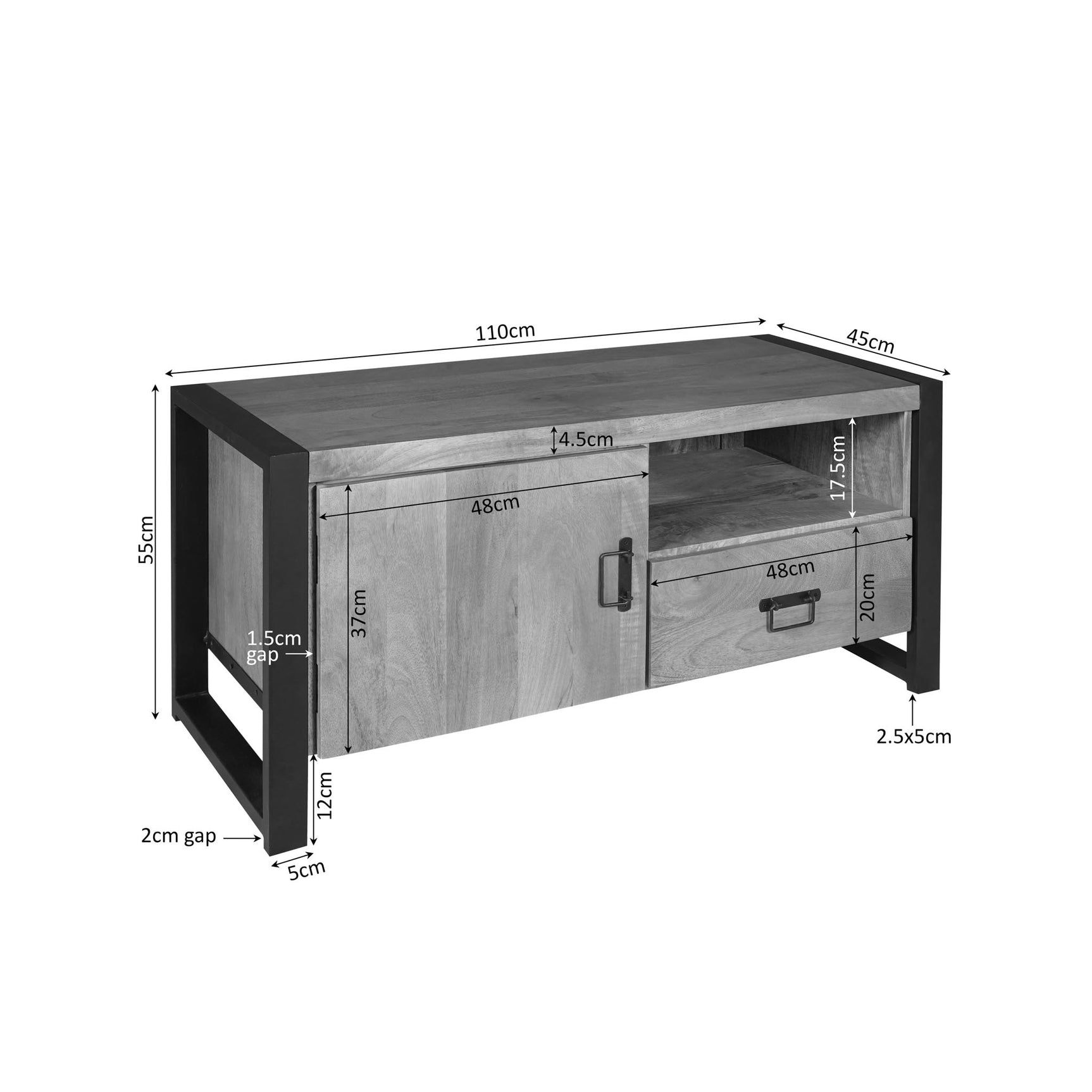 Tv-meubel met deur en open vak, afmetingen en lade zichtbaar, houtkleurig met zwarte poten.