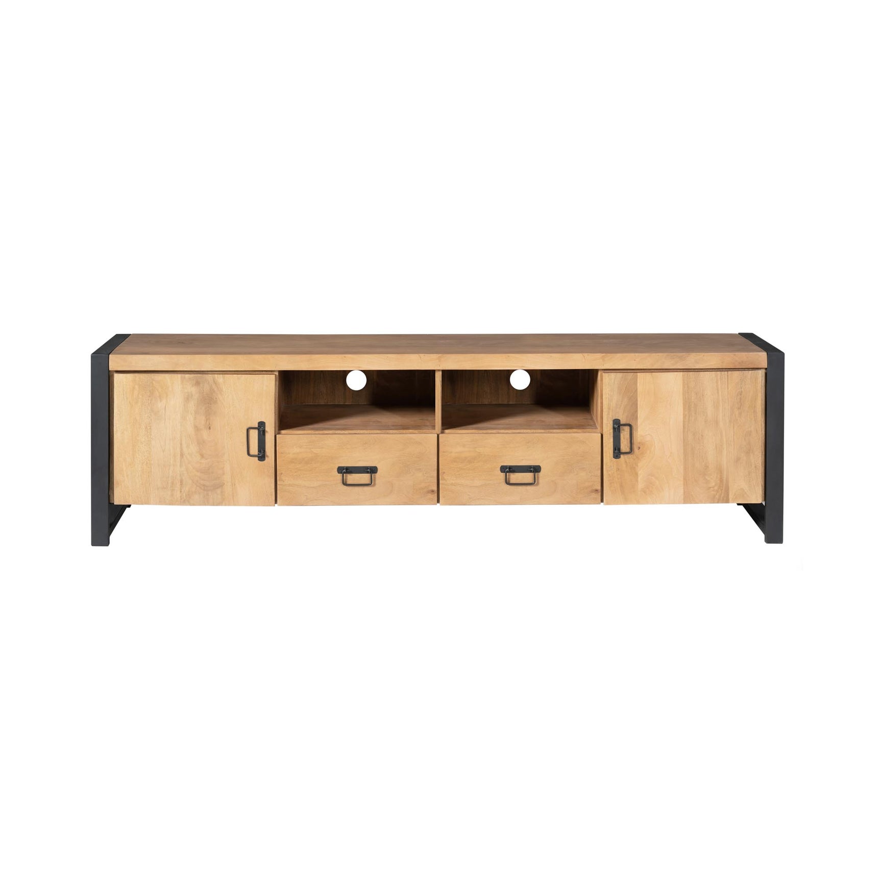 Tv-meubel Britt met open vakken en twee lades, houtlook met zwarte poten, frontaanzicht.