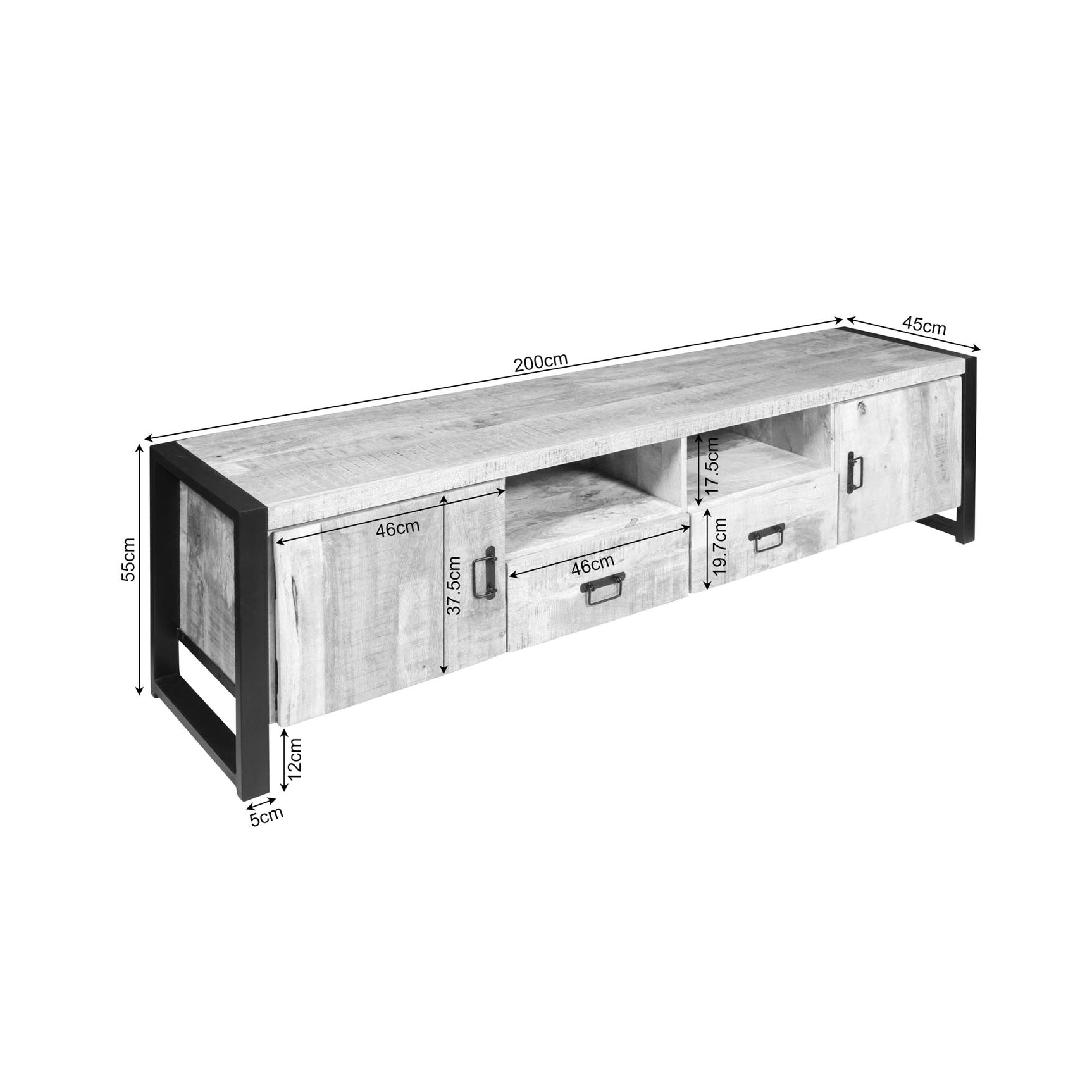Tv-meubel Britt technische schets met afmetingen; houtlook met deuren en lades.