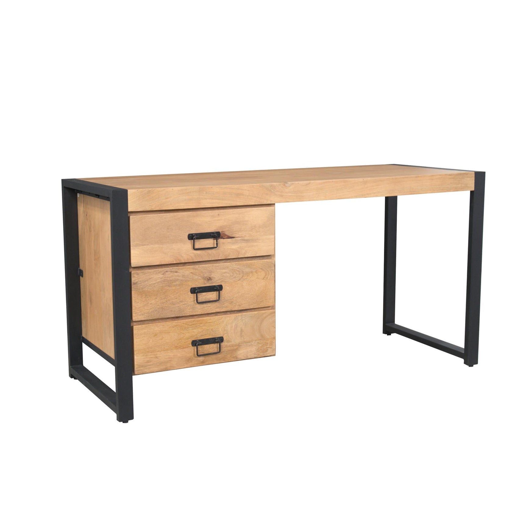 Bureau met 3 lades en open ruimte onder het blad, houten fronten en zwart frame